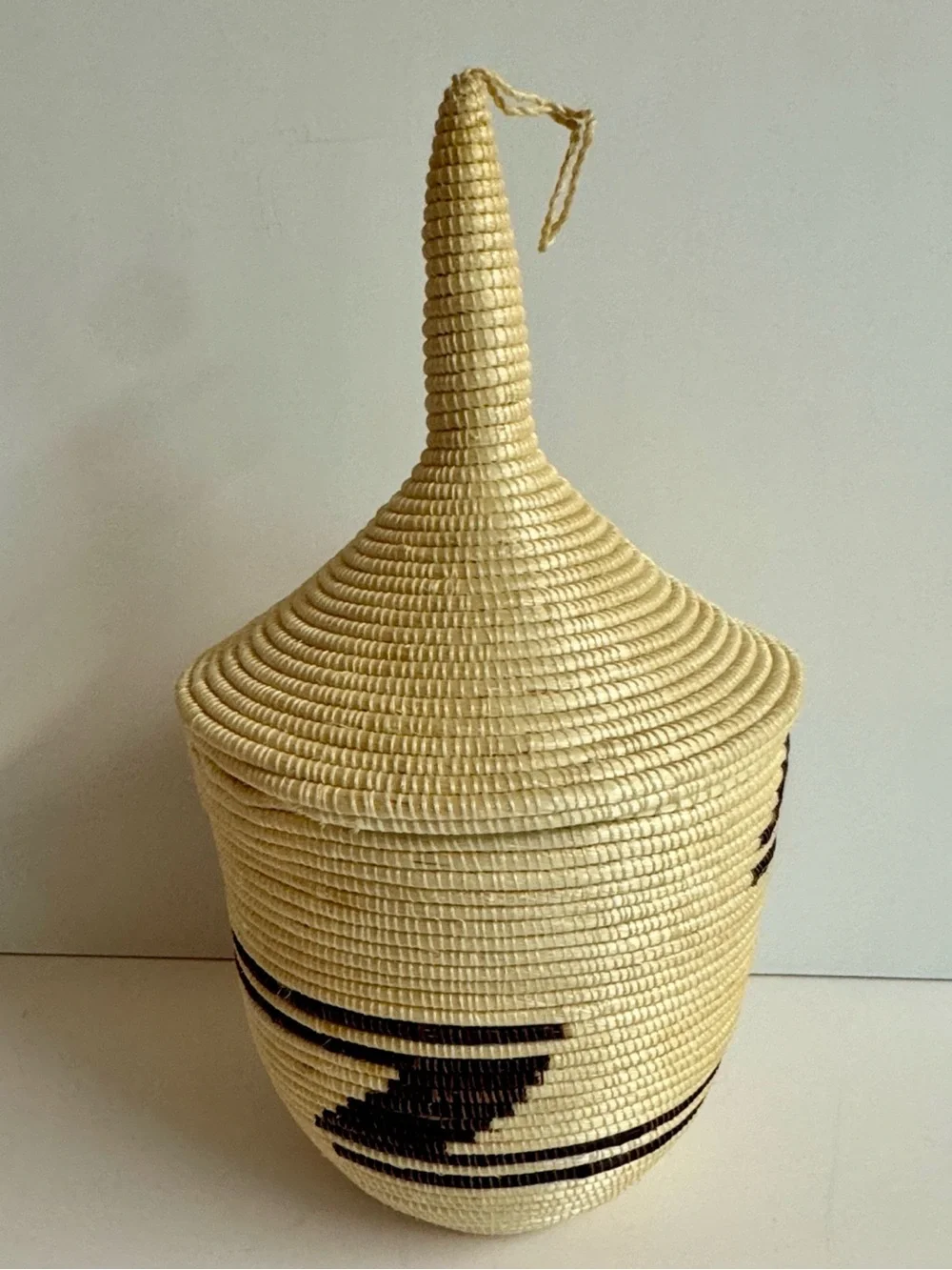 Vintage Tutsi African Woven Decorative Lidded Basket in Natural and Brown.